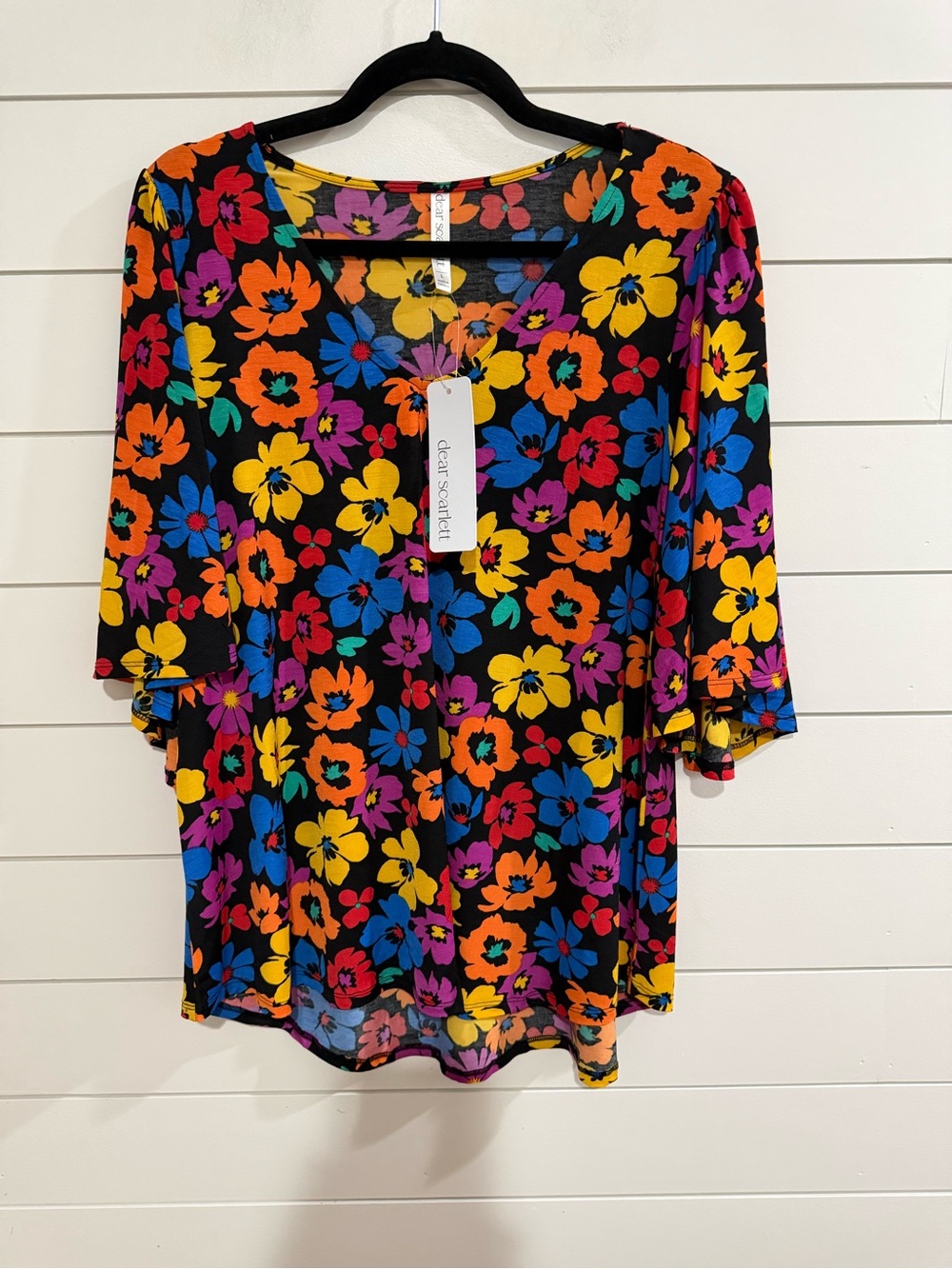 Dear Scarlett Black V-Neck Tunic with Bright Multicolor Floral Print